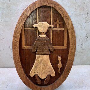 Artist Signed  Wood Inlay Oval Decor With Stand Kneeling Girl and Cat Handmade